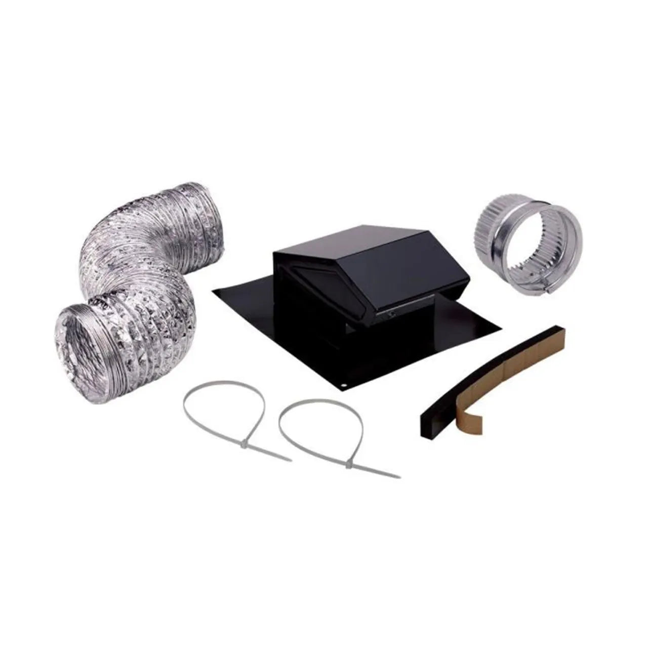 The Go Build 3 in. to 4 in. Roof Vent Kit for Round Duct Steel - Black includes a flexible silver duct, black vent hood, metal connector, two zip ties, and brown weatherproofing material—all shown on a white background.